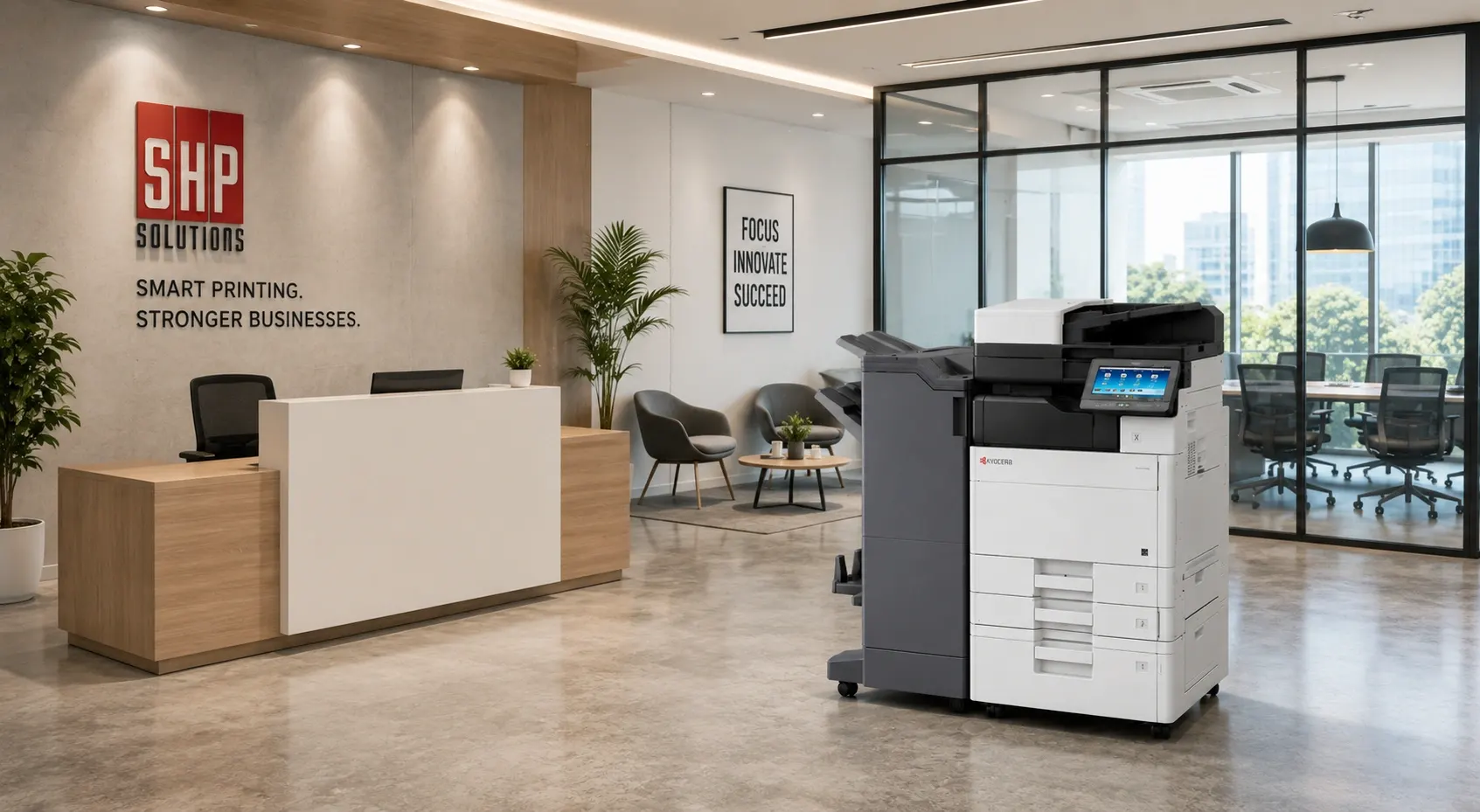 SHP Solutions reception area with signage and an installed office copier